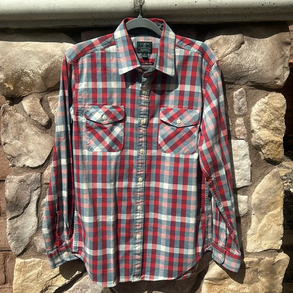 J. Crew Men’s Flannel Heavyweight Red Blue Button Down Sz Medium Preppy NWT